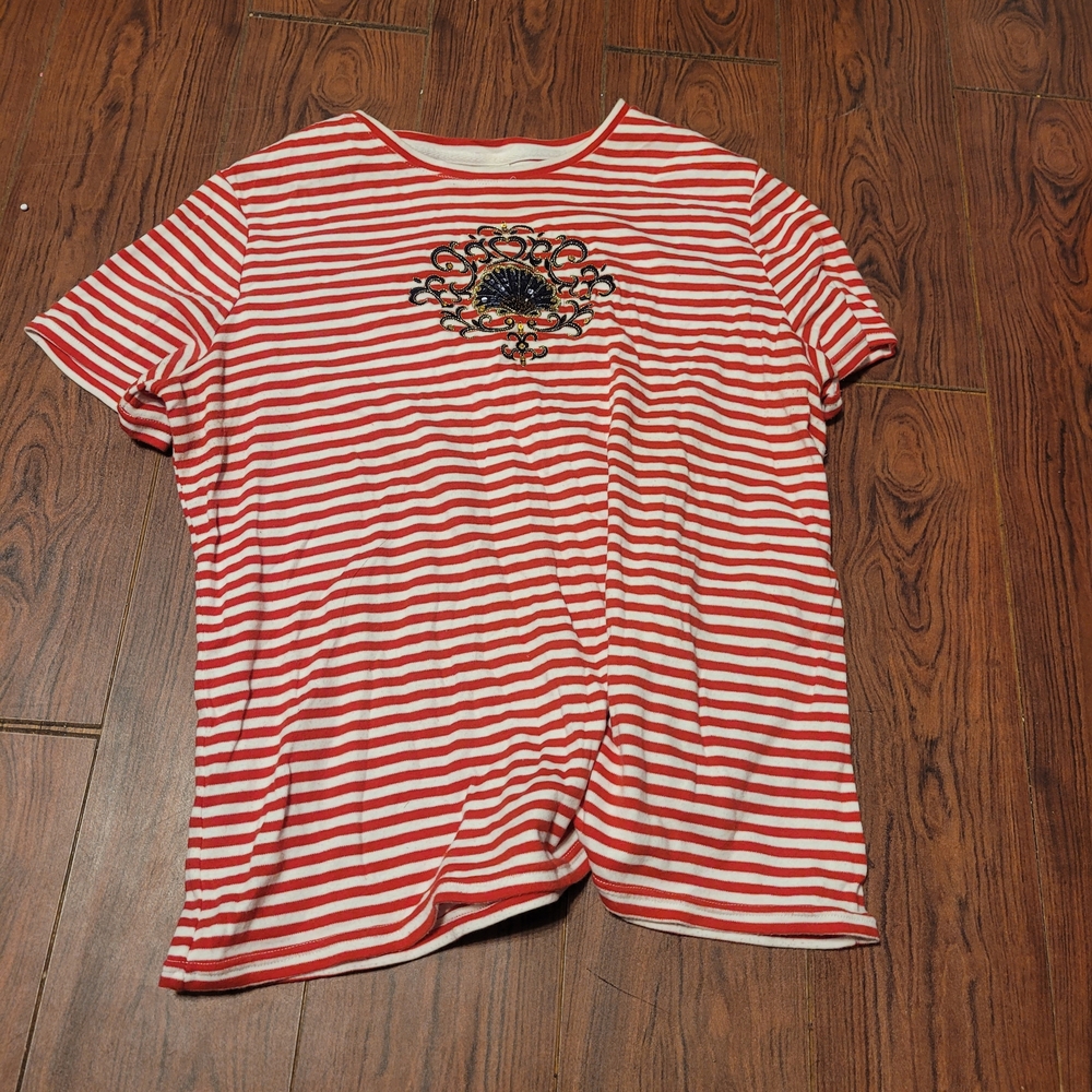 White Stag Red and White Striped Tee with Embroidery